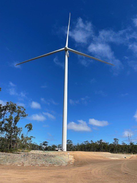A 226m tall wind turbine at Kaban Windfarm, Ravenshoe North QLD, with solid foundation constructed by Beards team.