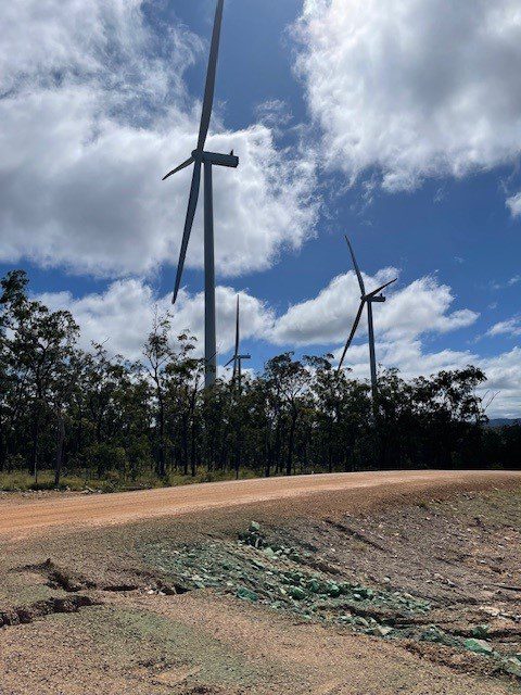 Completed wind turbines and roadway constructed by Beards team at Kaban Windfarm, Ravenshoe, North QLD.