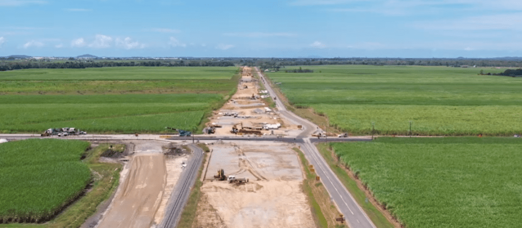 Overhead view of Walkerston Bypass Project with Beards Drilling constructing Bridge Abutments and sub-horizontal drain drilling.